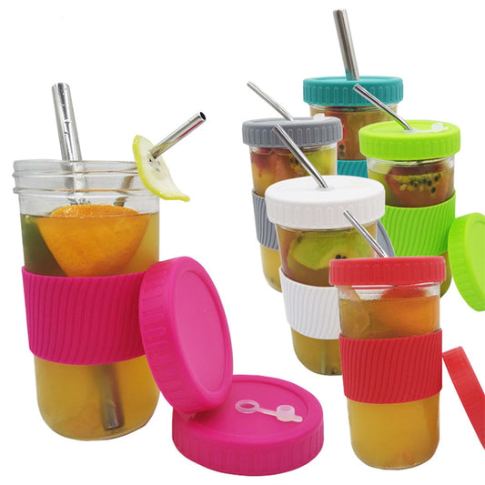 Glass Jar Style Re-Useable and Sealable Cups with Straw and Lid