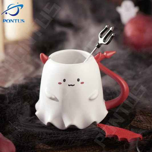 Halloween Devil and Ghost Ceramic Cup with Spoon