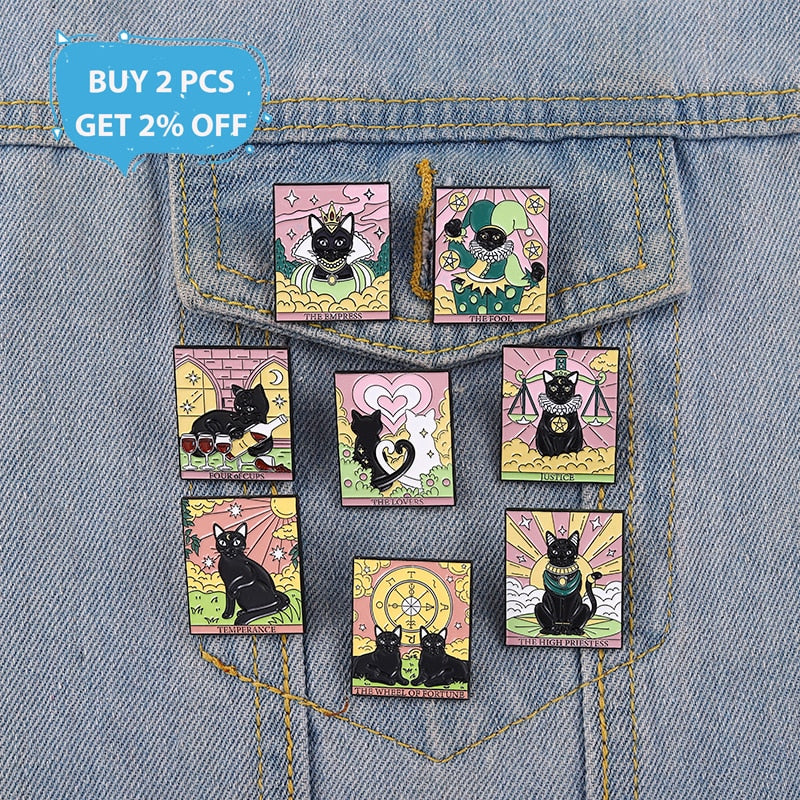 Tarot Card Enamel Pins Sun Moon Cat